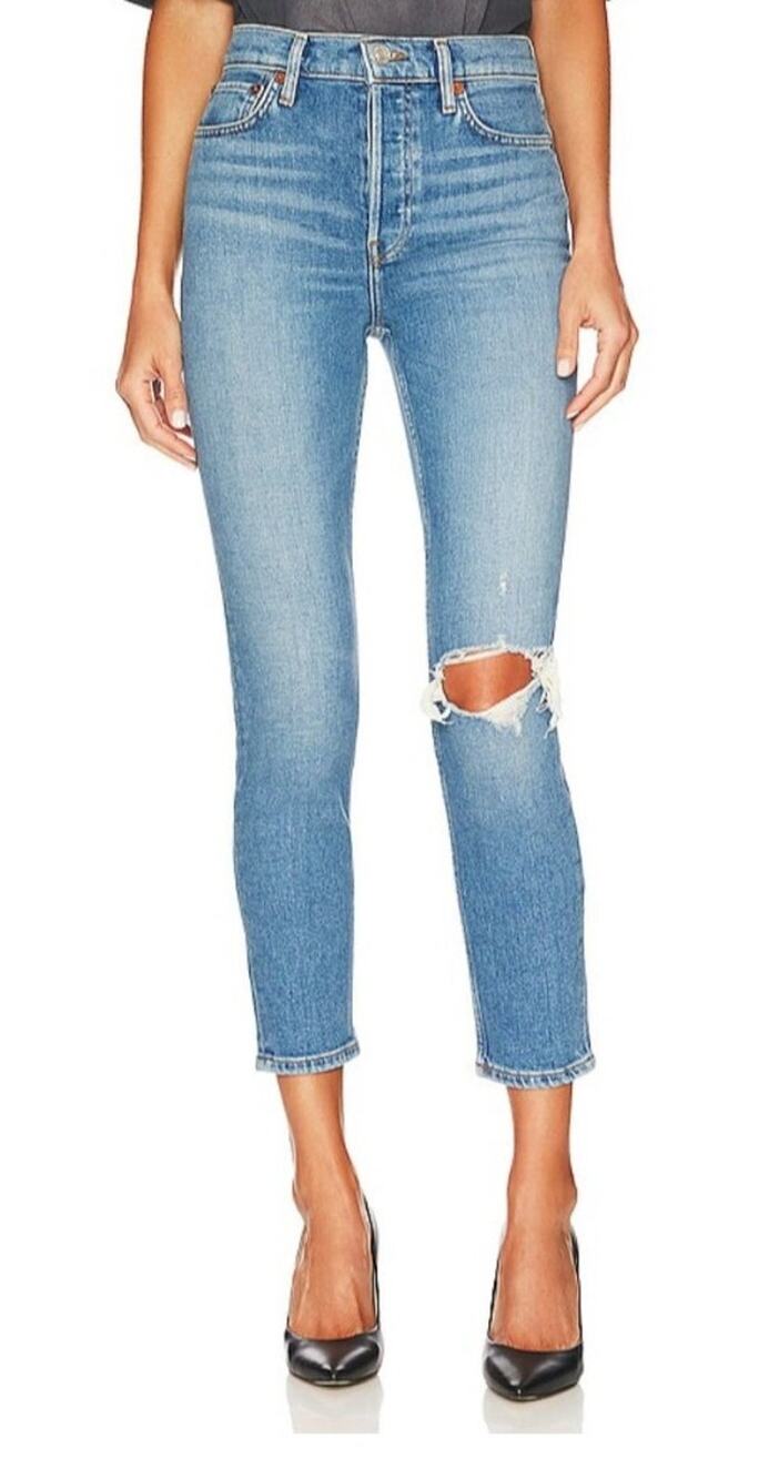ReDone 90's High Rise Ankle Crop Jeans in Worn Brook Blue Light Wash Denim